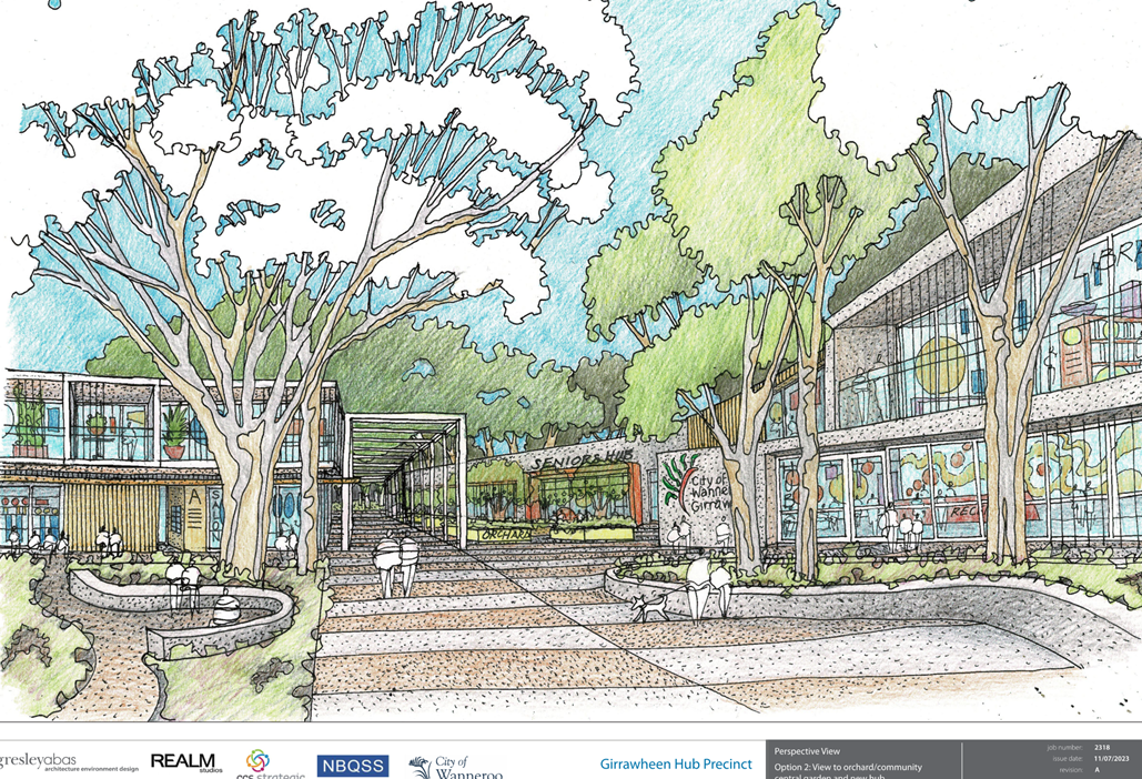 A drawing of a courtyard with trees and buildings

Description automatically generated